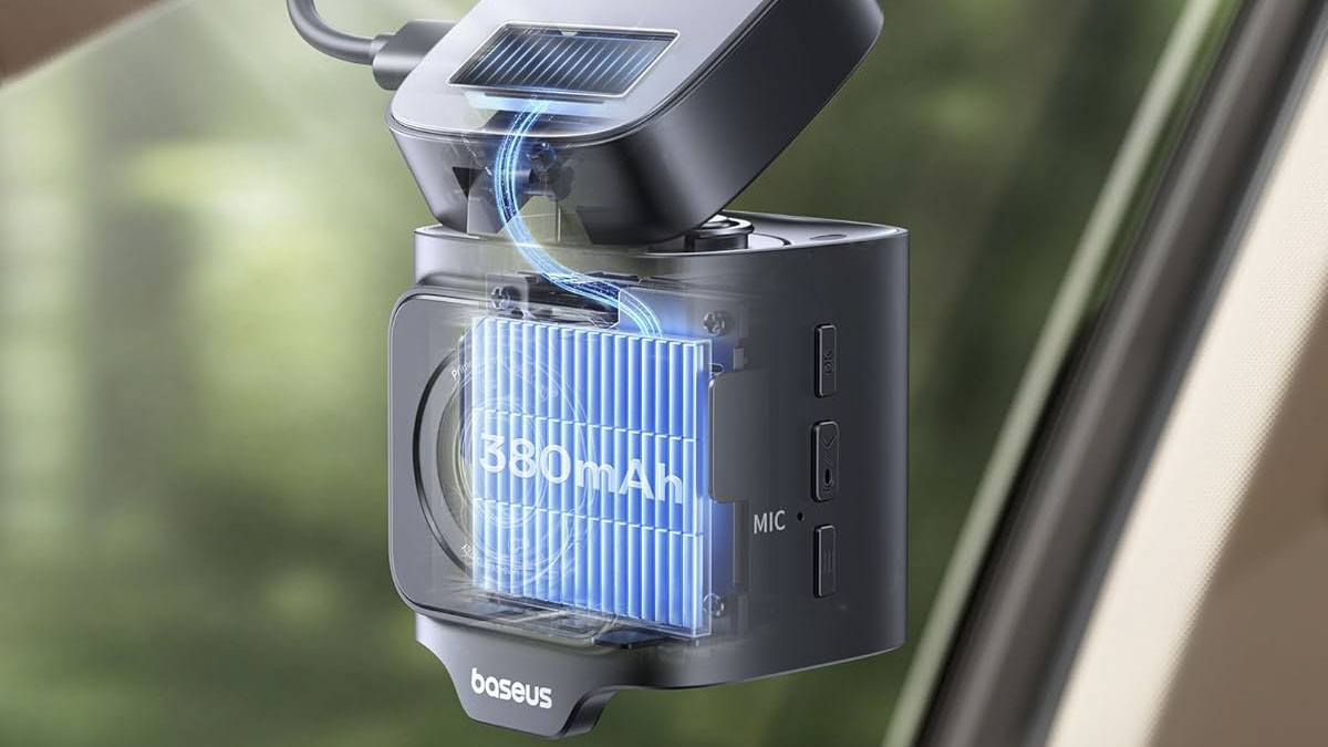 Baseus PrimeTrip VD1 Pro dash cam mounted to a car windscreen, with a graphic of its internal battery