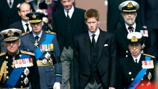 Members Of The Royal Family Follow The Coffin Of The Queen Mother On The Mall As It Is Taken To Westminster Hall Where It Will Lie In State. Including L To R Prince Phillip, Duke Of Gloucester, Prince Harry, Prince Michael Of Kent And In Front Of Him, Princess Anne.