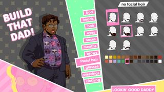Dream Daddy character creator showing a dark skinned dad wearing a jacket and cat-themed shirt