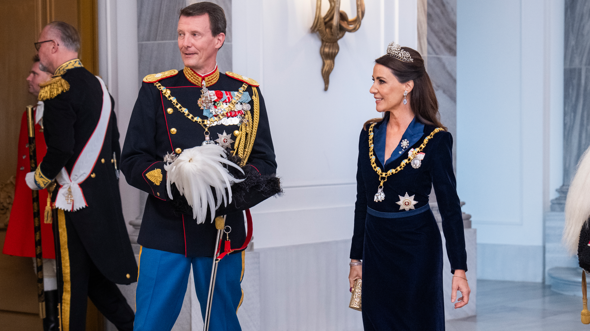 Princess Marie and Prince Joachim in an evening gown and military suit