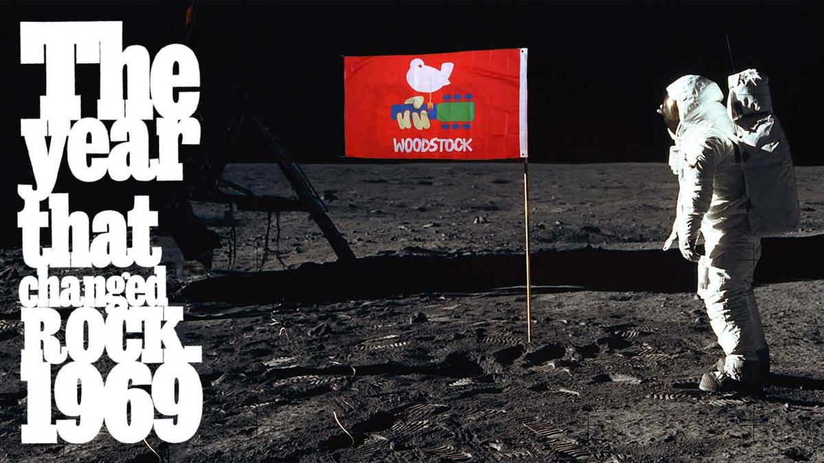 Buzz Aldrin on the moon looking at a Woodstock flag