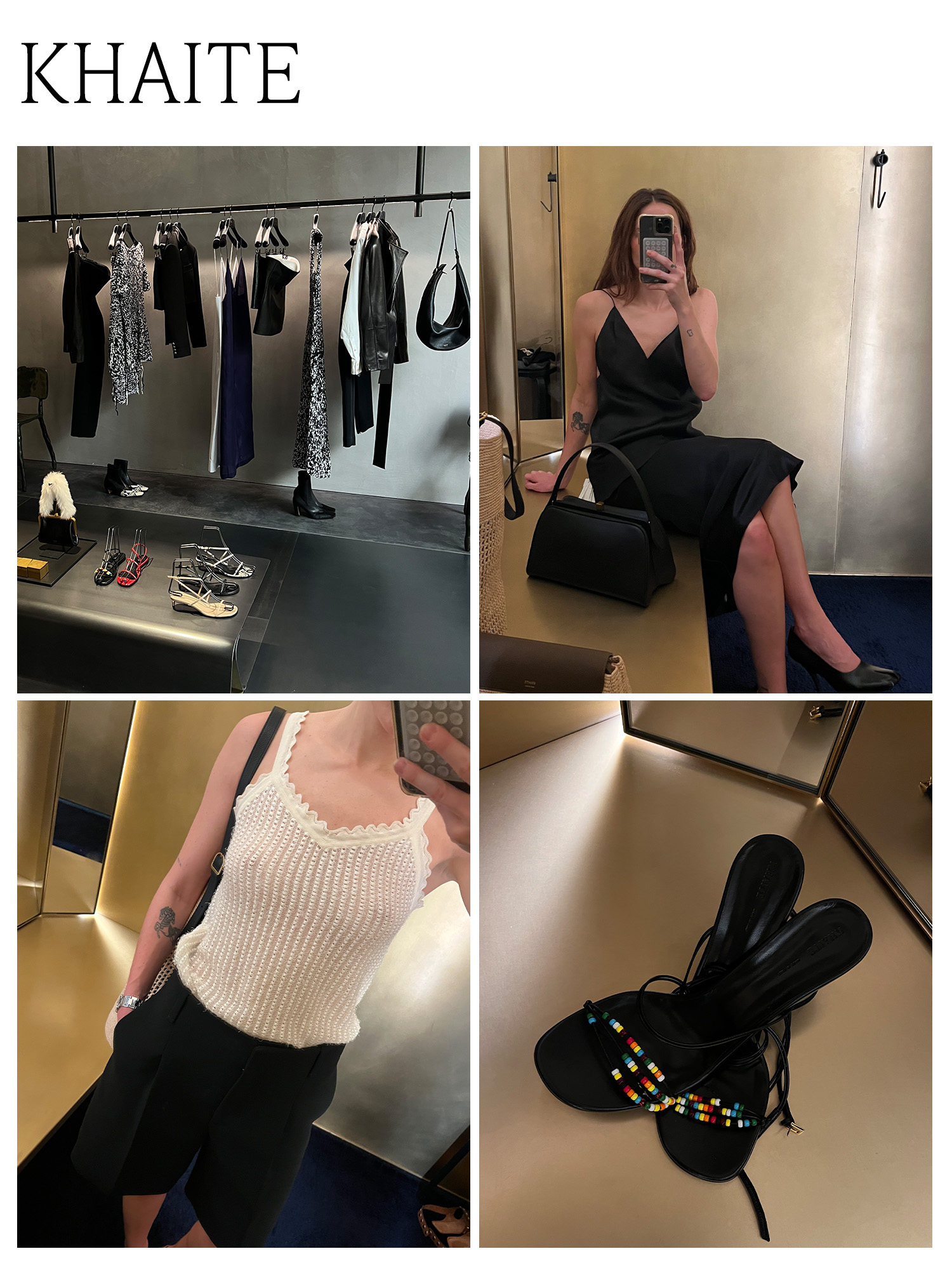 A collage of photos at Khaite's Upper East Side store's dressing room with text that says "Khaite" in all black capital letters.