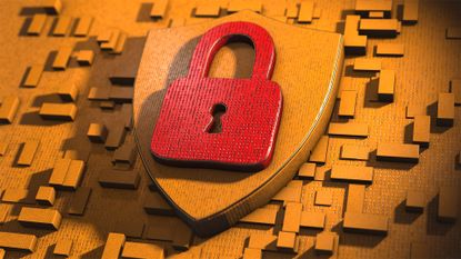 Malware concept image showing a shield with a red-colored, locked padlock place on top.