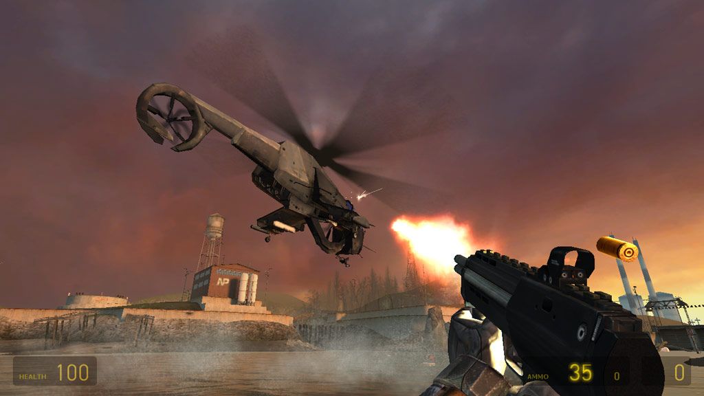 Half-Life 2 screenshot showing player firing at a copter