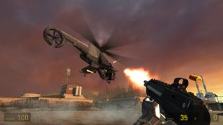 Half-Life 2 Screenshot, der zeigt, wie ein Spieler auf einen Copter schießt