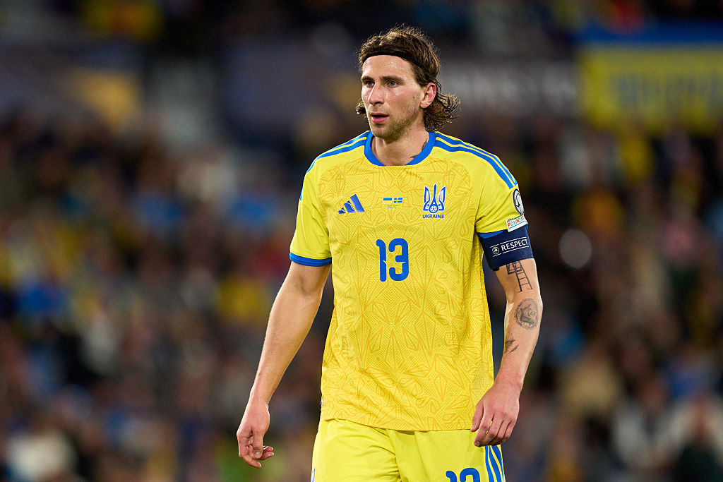 VALENCIA, SPAIN - MARCH 26: Illia Zabarnyi of Ukraine looks on during the FIFA World Cup 2026 European Qualifiers KO play-offs match between Ukraine and Sweden at Ciutat de Valencia on March 26, 2026 in Valencia, Spain. (Photo by Alex Caparros - UEFA/UEFA via Getty Images)