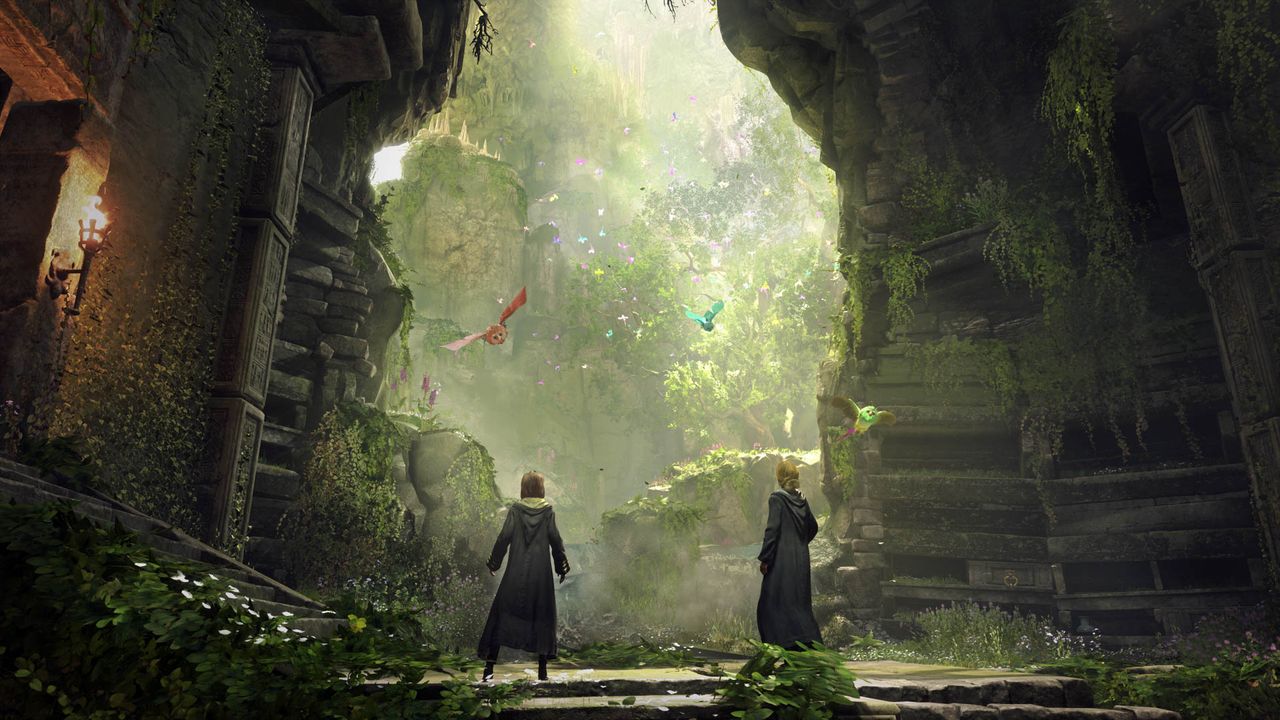 Students in open world environment with owls in Hogwarts Legacy
