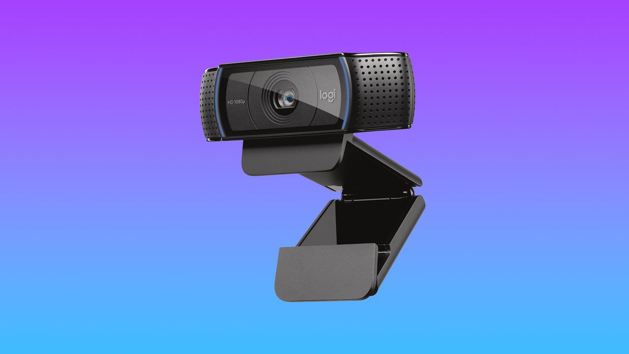 Logitech C920 HD Pro Webcam on a gradient purple to blue background with stand extended.