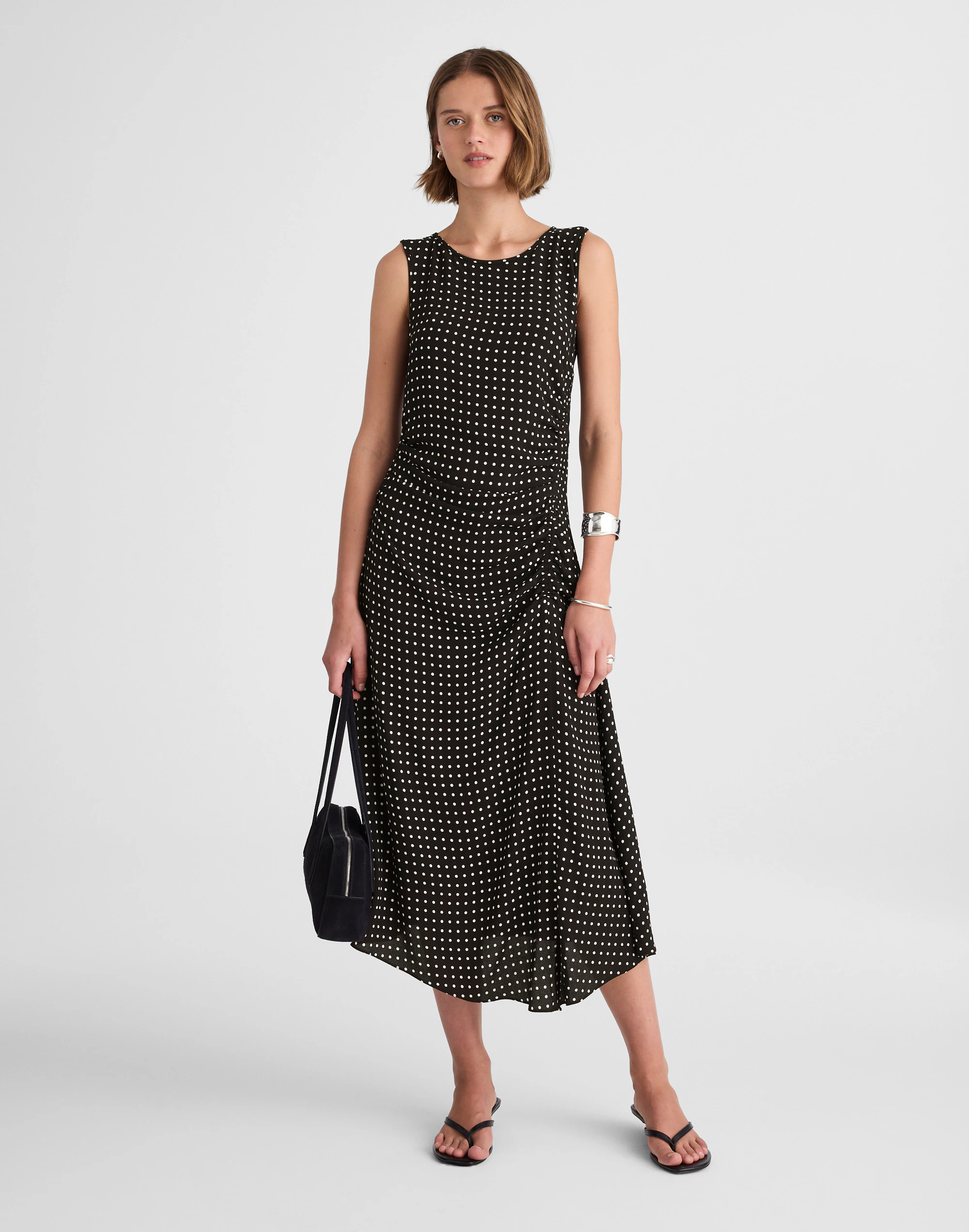 Asymmetrical Ruched Midi Dress in Dot