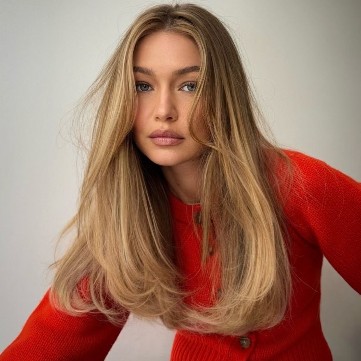 A photo of Gigi Hadid wearing a red cardigan with blonde hair and a bouncy blowdry
