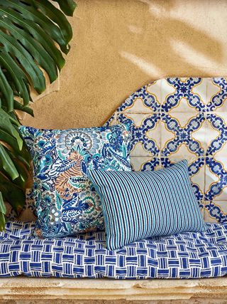 Liberty cushions on bench with Mediterranean tiles