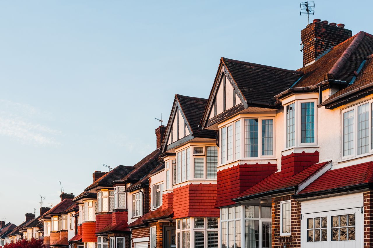 A view of London houses at sunset