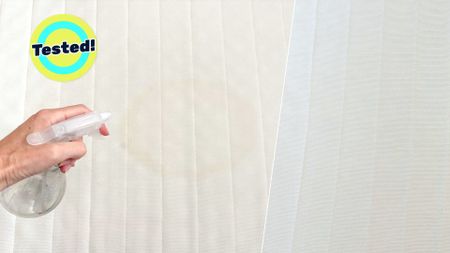 A woman sprays a cleaning solution onto a yellow mattress stain. Inset to the right, the mattress is restored to its bright white best. Overlaid on top is a yellow circular badge that reads 'tested!'