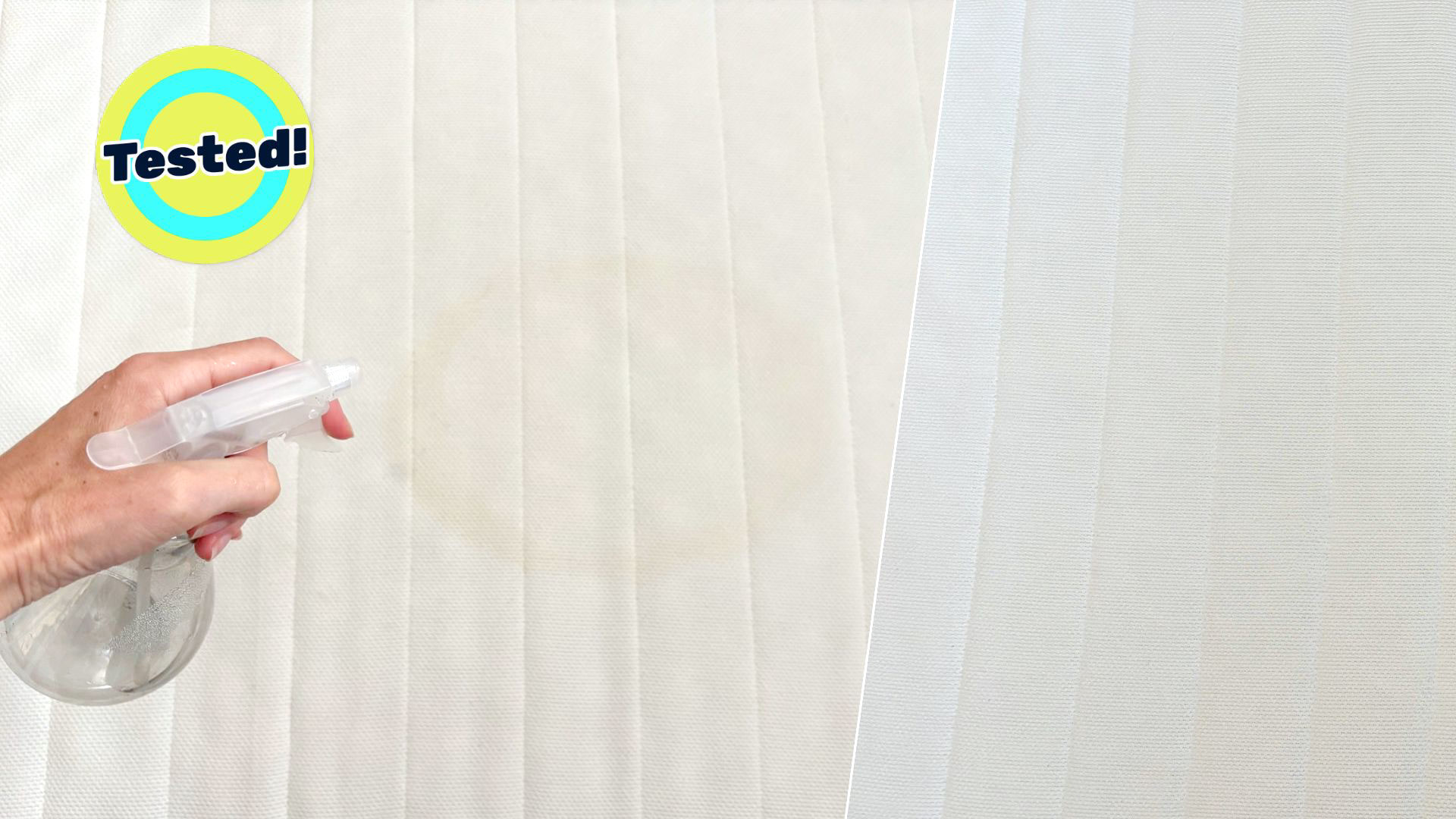 A woman sprays a cleaning solution onto a yellow mattress stain. Inset to the right, the mattress is restored to its bright white best. Overlaid on top is a yellow circular badge that reads 'tested!'