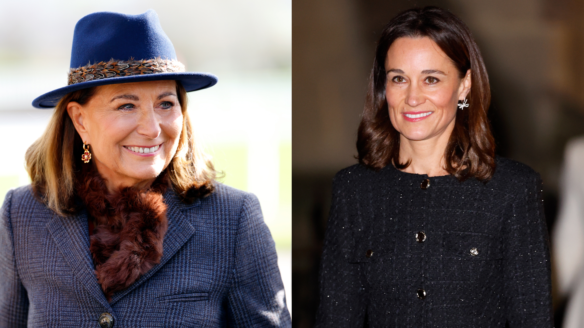 Carole Middleton wearing a blue feathered fedora and smiling; Pippa Middleton wearing a dark tweed coat smiling