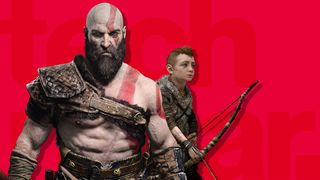 Best PS4 games: Kratos en Atreus van God of War op een rode achtergrond