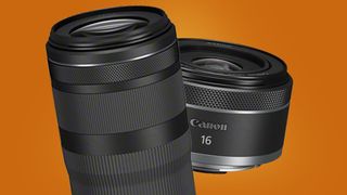 Two Canon RF lenses on an orange background