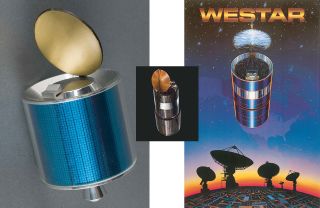 A scale model (at left) and illustrations of Boeing's Westar IV communications satellite serving Western Union.