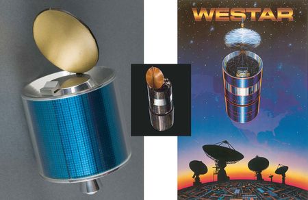 A scale model (at left) and illustrations of Boeing's Westar IV communications satellite serving Western Union.