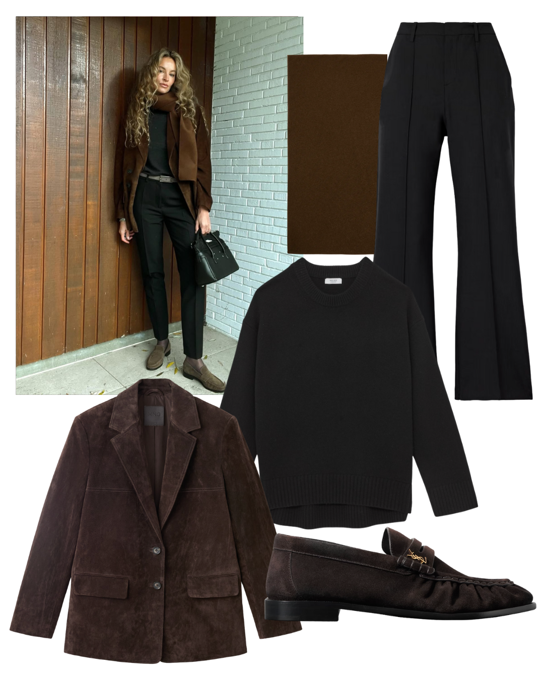 @anoukyve wears suede blazer, black trousers