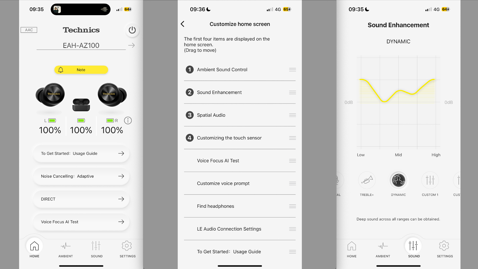 App showing different controls for Technics EAH-AZ100 in-ear headphones