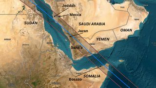 A map showing total solar eclipse 2027 path of totality over the Middle East.