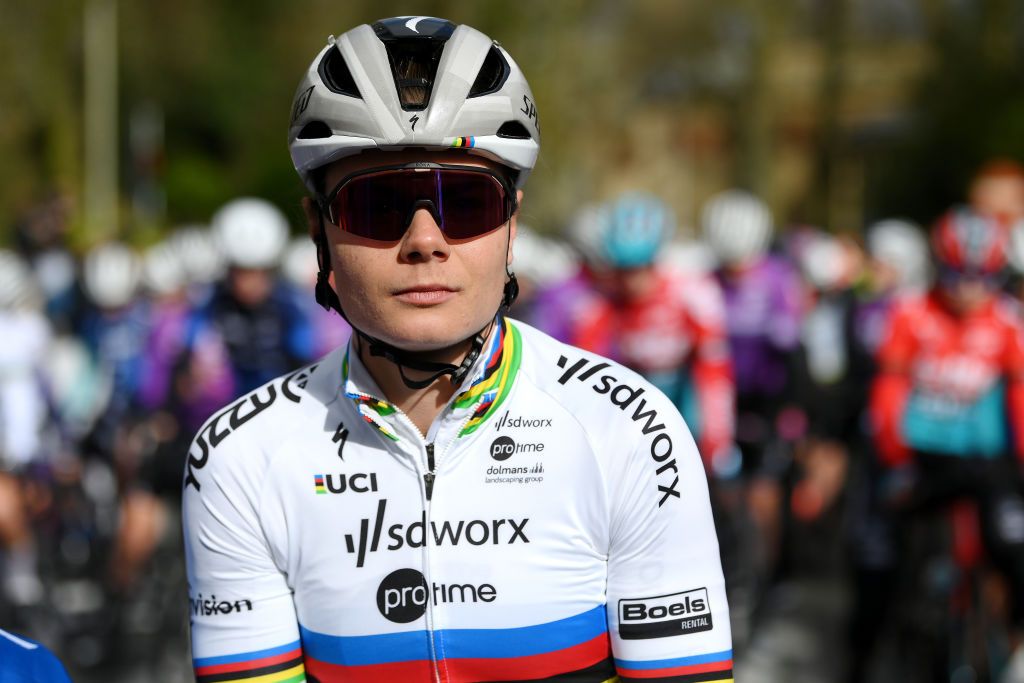 GHENT BELGIUM FEBRUARY 24 Lotte Kopecky of Belgium and Team SD WorxProtime prior to the 16th Omloop Het Nieuwsblad 2024 Womens Elite a 1271km one day race from Ghent to Ninove UCIWWT on February 24 2024 in Ghent Belgium Photo by Alex BroadwayGetty Images