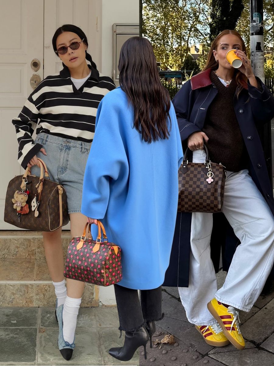 Three women carry Louis Vuitton Speedy bags