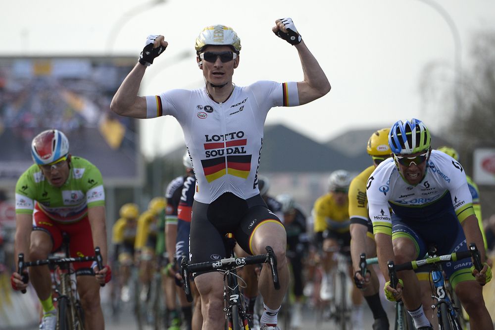 Germany's Andre Greipel celebrates as he crosses the finish line at the end of the second stage of Paris-Nice.