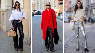 A composite of three street style influencers wearing Christmas party outfits - leather trousers