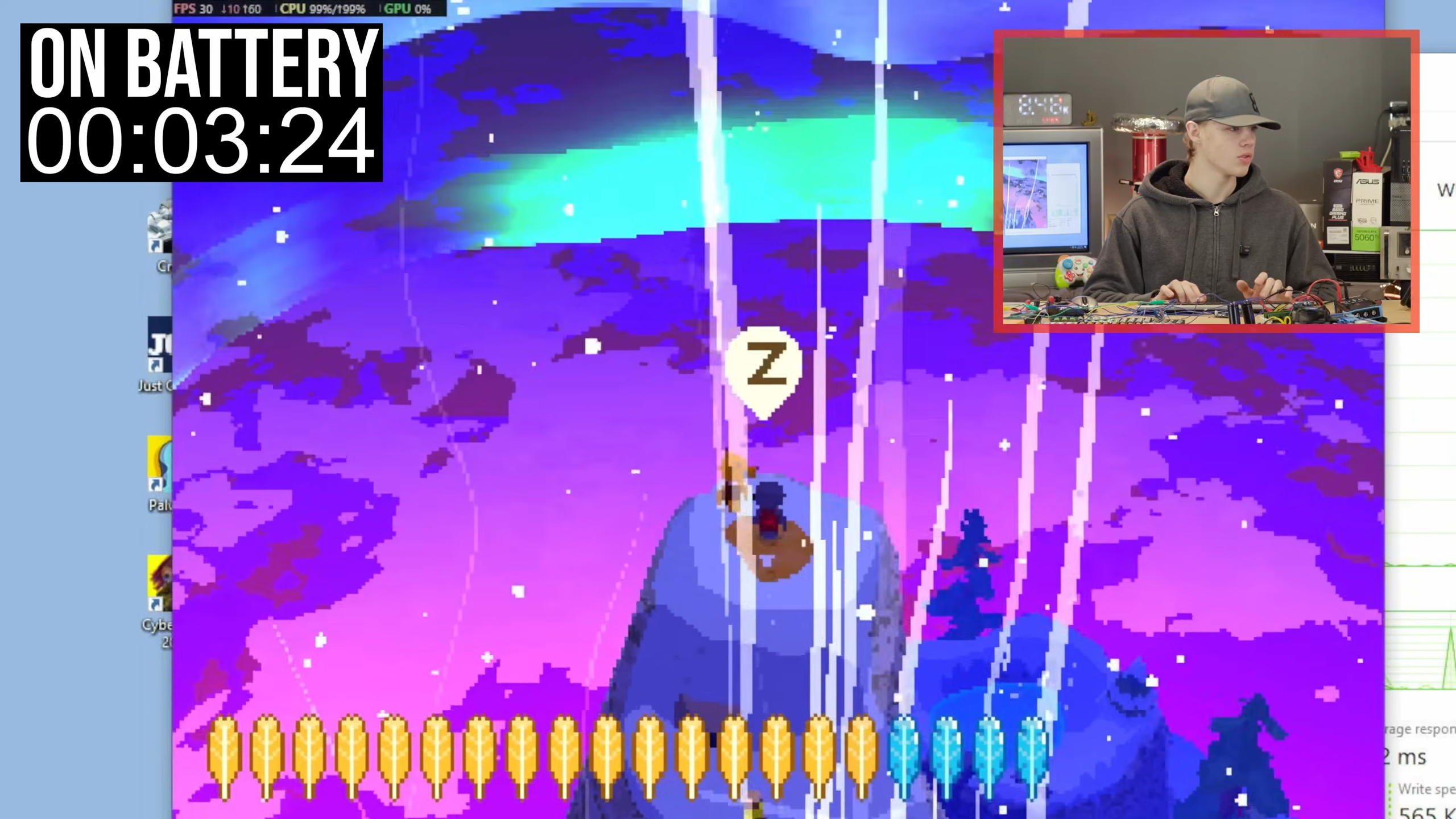 Tech creator ScuffedBits reaching the top of the mountain in A Short Hike on a gaming PC powered by AA batteries.