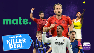 People cheering on purple background with Mate logo and Tom's Guide deal badge