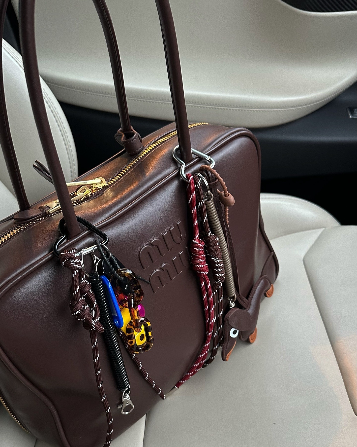 Brown Miu Miu bag on car seat