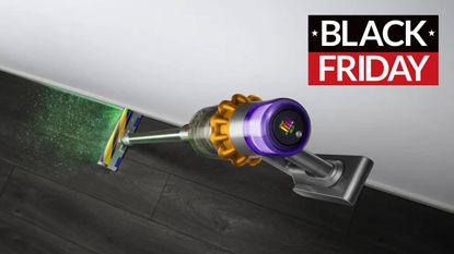 A Dyson vacuum cleaning a hardwood floor with a T3 Black Friday badge