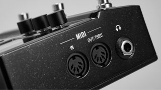 Close up of MIDI inputs on the Line 6 HX Stomp