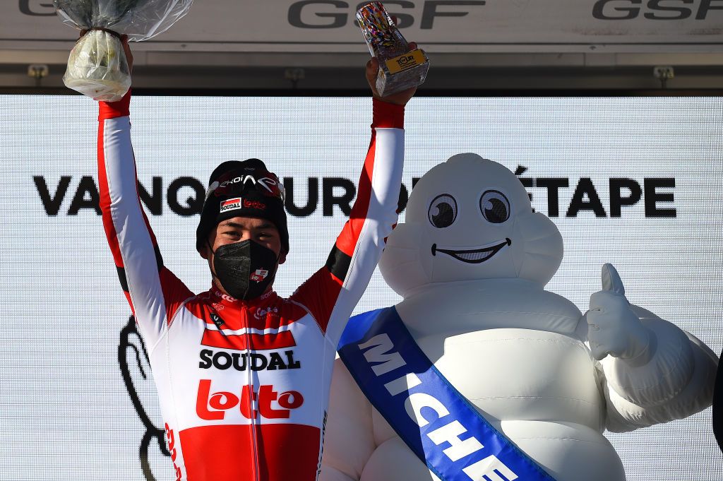 LA SEYNESURMER FRANCE FEBRUARY 18 Caleb Ewan of Australia and Team Lotto Soudal celebrates winning the stage one on the podium ceremony after the 54th Tour Des Alpes Maritimes Et Du Var 2022 Stage 1 a 176km stage from Saint Raphal to La SeynesurMer TDHV22 on February 18 2022 in La SeynesurMer France Photo by Dario BelingheriGetty Images