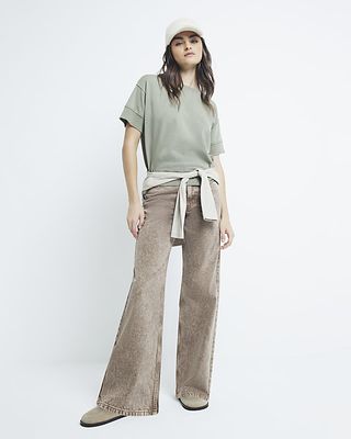 River Island, Beige Denim Relaxed Straight Jeans