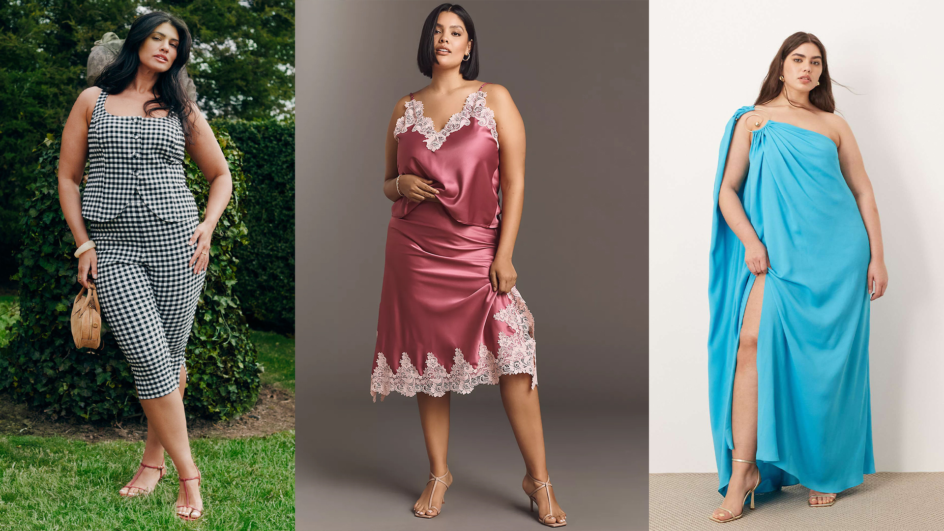 Collage of models wearing a gingham set, a pink satin skirt set with white lace trim, and an aqua blue one-shoulder dress with a metal spiral hardware in the shoulder.