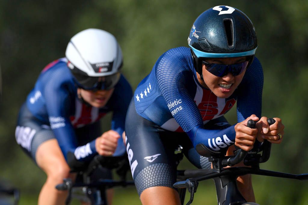 BRUGES, BELGIUM - SEPTEMBER 22: Coryn Rivera of United States sprints during the 94th UCI Road World Championships 2021 - Team Time Trial Mixed Relay a 44,5km race from Knokke-Heist to Bruges / #flanders2021 / TT / on September 22, 2021 in Bruges, Belgium. (Photo by Tim de Waele/Getty Images)