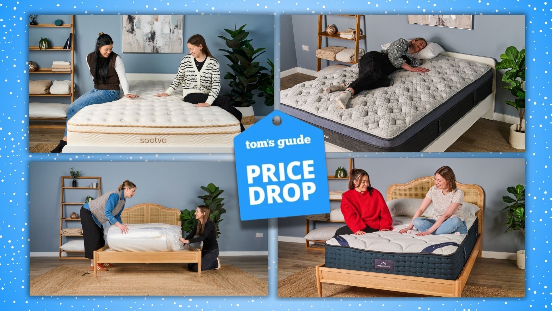 A series of four images of our experienced sleep team testing mattress, against a blue and white speckled background. In the top left, two testers sit on the Saatva Classic mattress. Top right, a tester lies down on the Helix Midnight Luxe mattress. Bottom right, two testers unpack a mattress in a box. Bottom right, two testers sit on the DreamCloud hybrid Mattress.