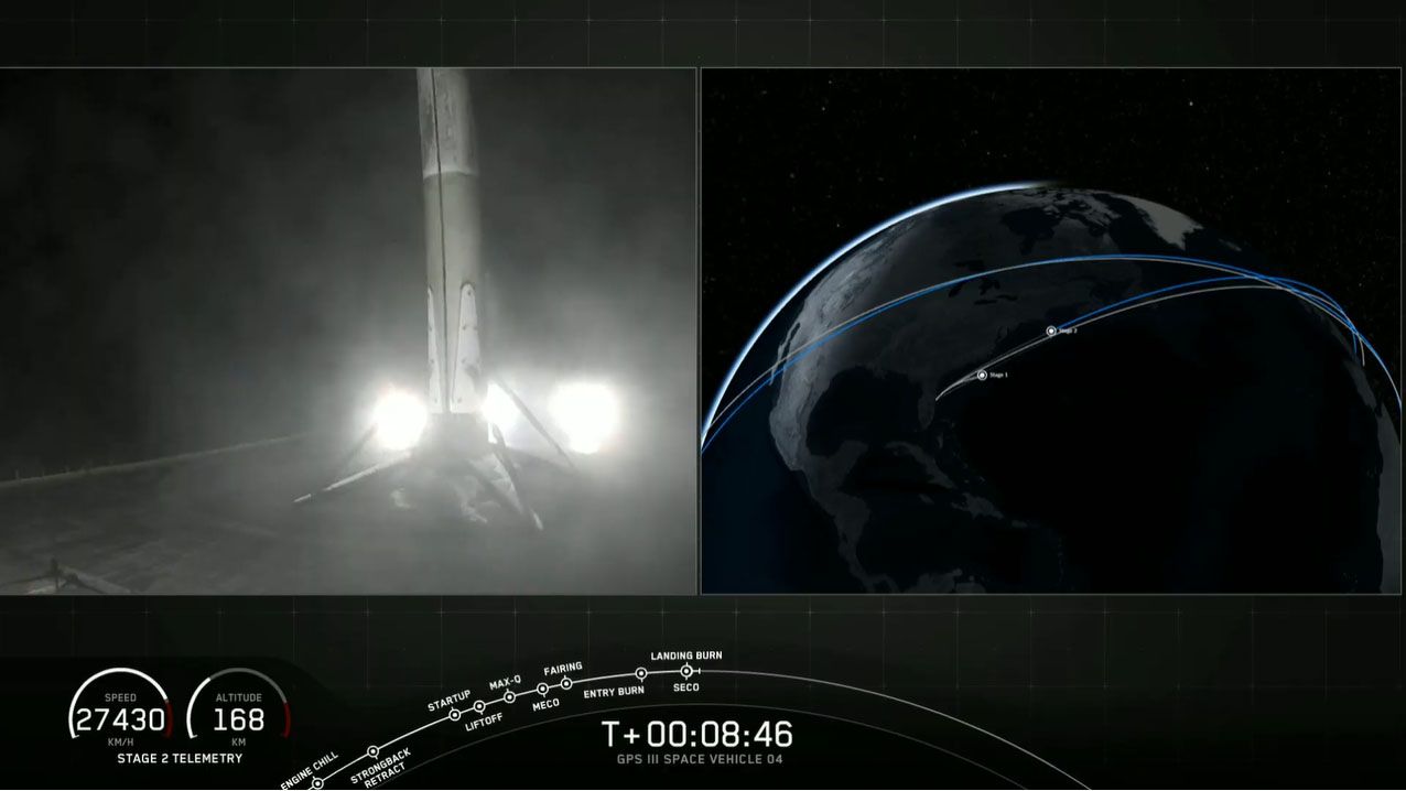 A SpaceX Falcon 9 rocket touches down on the drone ship "Of Course I Still Love You" after launching the U.S. Space Force's GPS III-SV04 navigation satellite to orbit, on Nov. 5, 2020.