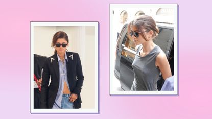 Zendaya sunglasses: Zendaya pictured wearing a pair of wayfarer-style, square sunglasses in a pink and purple two-picture template