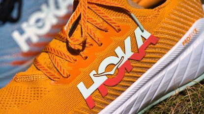 Detail shot of Hoka running shoes