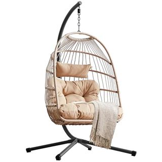 Blisswood Swing Egg Chair, Rattan Hanging Egg Chair With Cushion, Foldable Egg Chair Outdoor Indoor, Garden Patio Hammock Chair With Stand & Adjustable Height, Upto 160 Kg Weight Capacity (natural)