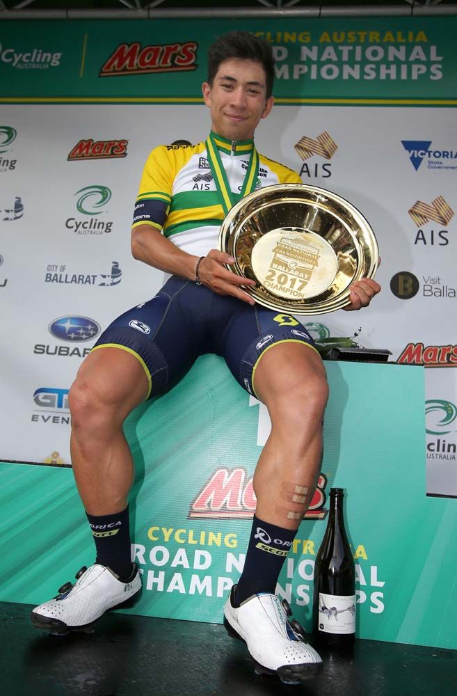 Caleb Ewan (Orica-Scott) shows off his green and gold jersey and his latest trophy
