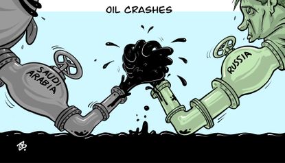 Editorial Cartoon World Oil crash arm wrestle Saudia Arabia Russia