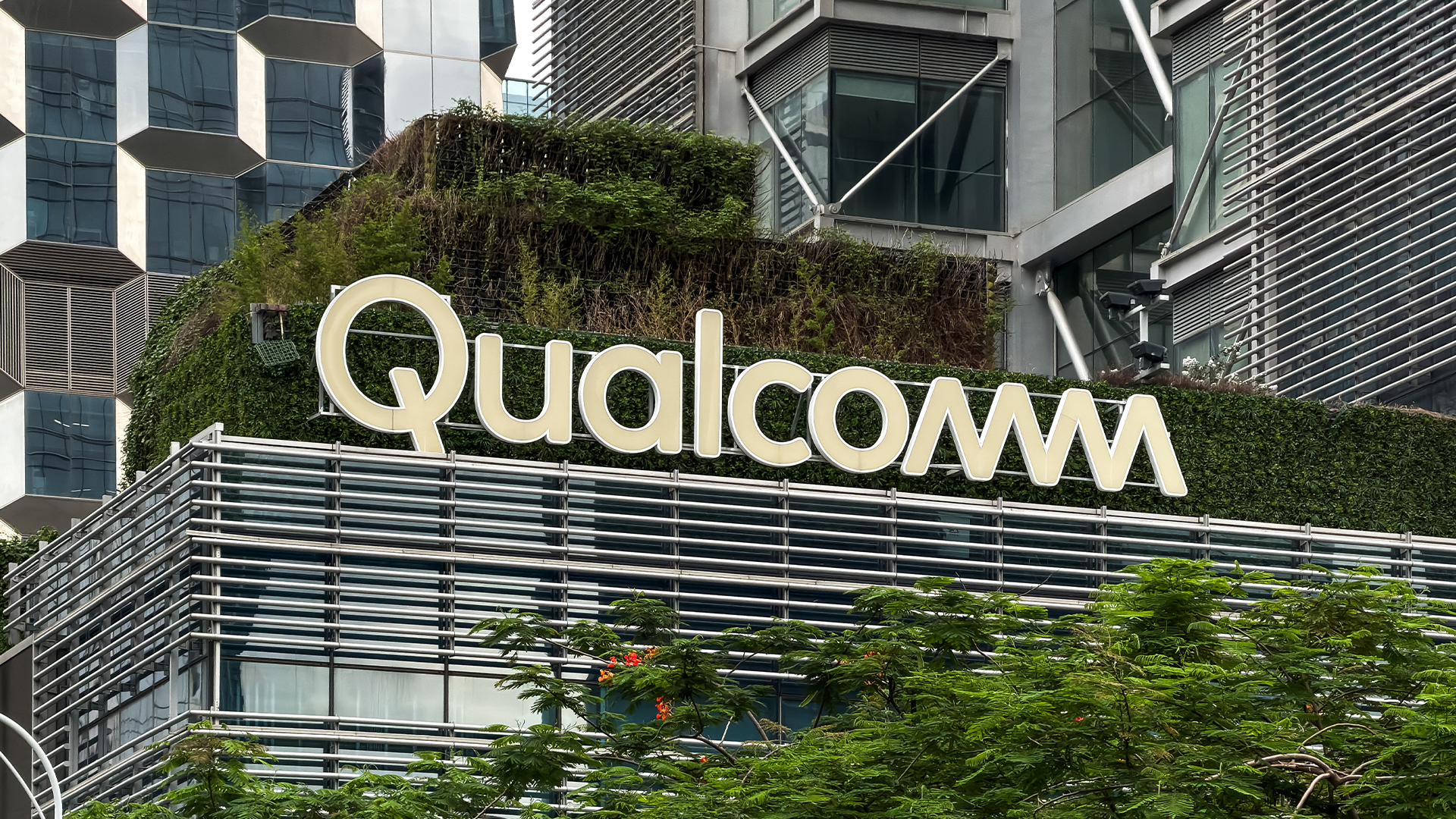 Qualcomm sign pictured on the side of an office building in Shenzhen, Guangdong Province, China.