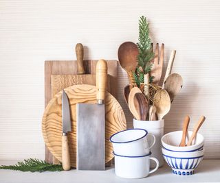 A collection of farmhouse style kitchen tools