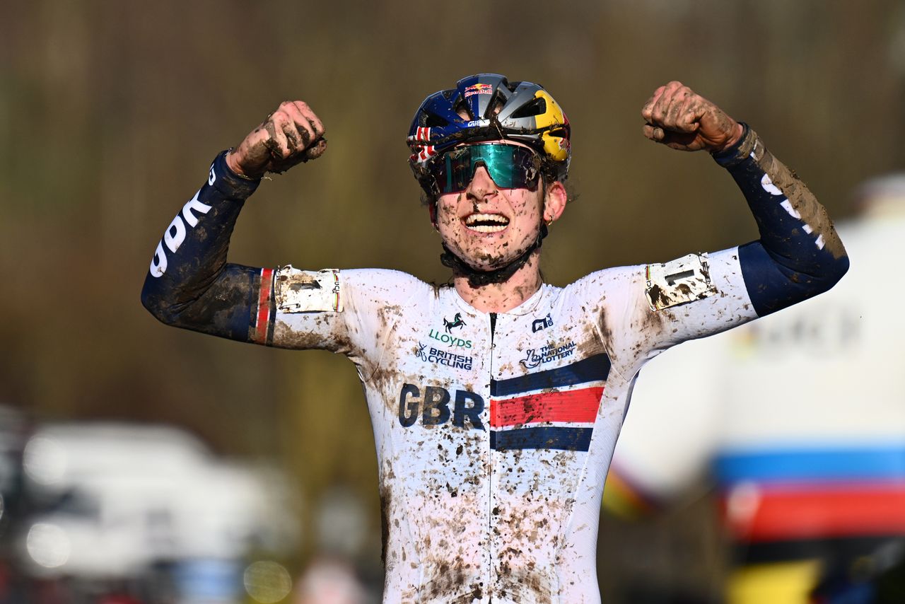 Zoe Backstedt celebrates victory at CX Worlds in Li&eacute;vin