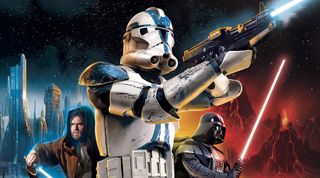 A clone trooper flanked by Obi-Wan and Darth Vader